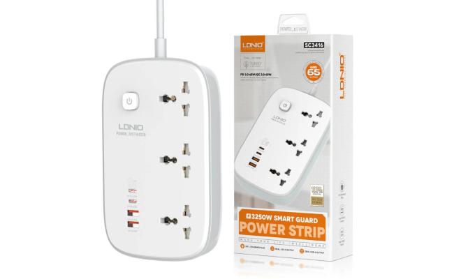 LDNIO SC3416 65W Power Strip with 3 Universal Outlets 4 USB Port Socket Power Socket with 2M Bold Extension Cord Surge Protector - White